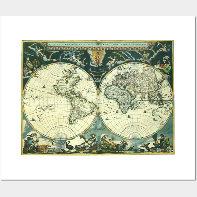 Antique Old World Double Hemisphere Map by Joan Blaeu, 1662 Wall Art by MasterpieceCafe